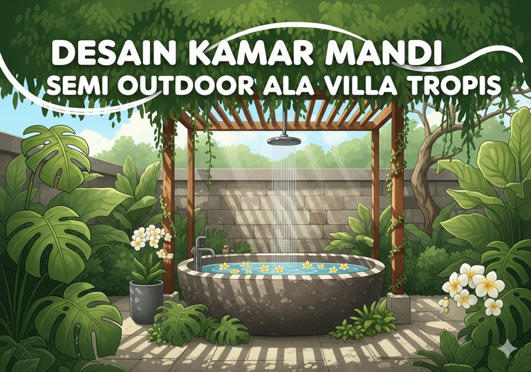 Desain Kamar Mandi Semi Outdoor ala Villa Tropis