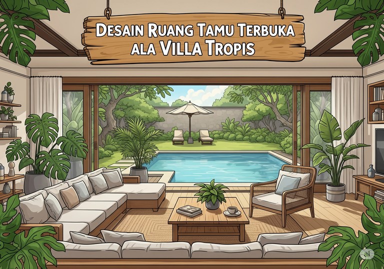 Desain Ruang Tamu Terbuka ala Villa Tropis