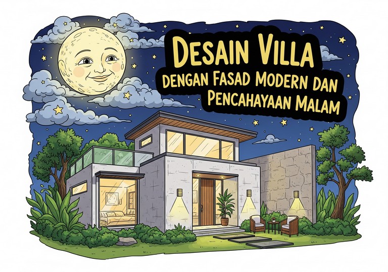 Desain Villa dengan Fasad Modern dan Pencahayaan Malam