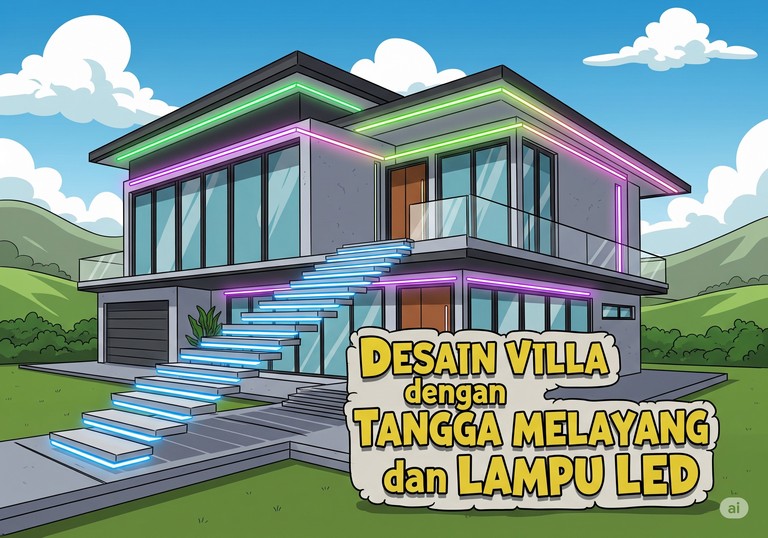 Desain Villa dengan Tangga Melayang dan Lampu LED