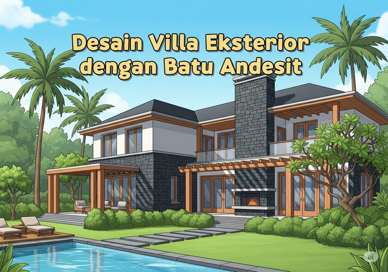 Desain Villa Eksterior dengan Batu Andesit